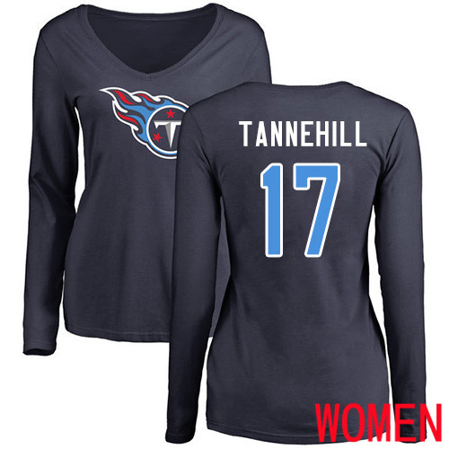 Tennessee Titans Navy Blue Women Ryan Tannehill Name and Number Logo NFL Football #17 Long Sleeve T Shirt